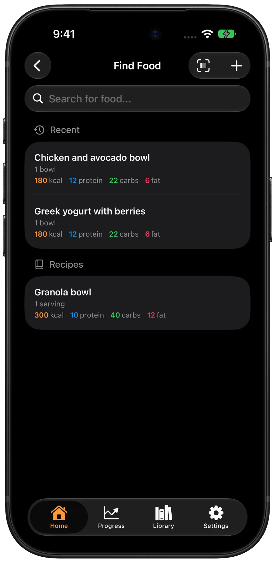 Food search with recent foods, saved recipes and a barcode scanner.