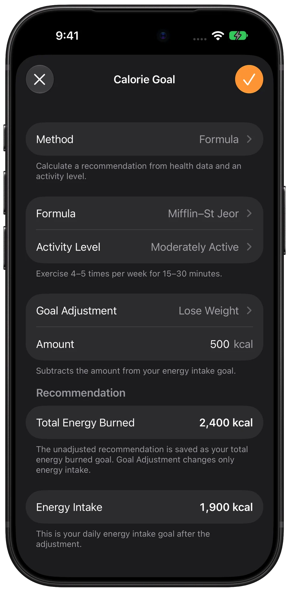 Calorie Goal settings with an activity level and separate intake and total-burn targets.